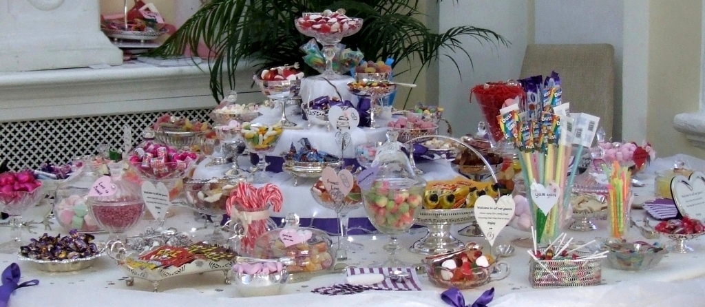 Wedding sweets and candy buffet on a massive 6' diameter table at Blenheim Palace, Woodstock.