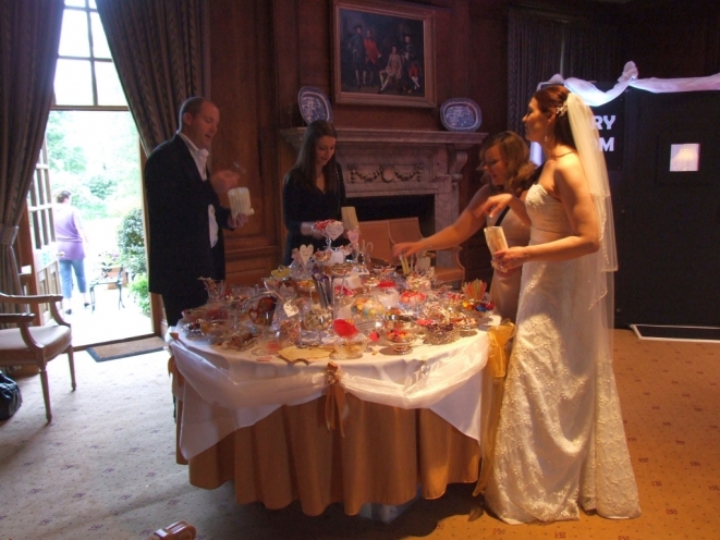 Wedding Candy Sweet Buffet table with 40 varieties at Hintlesham Hall Ipswich. This is a 5' diameter table.