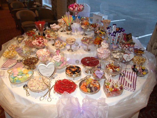 35 Varieties in 77 vintage dishes and jars on a 5' round table. 3-tier centerpiece with sweet dishes all around it.  You can have a long table if you prefer.