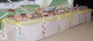 Easter wedding sweets table for 300 guests with 40 varieties on an 18' long table at Coombe Abbey Hotel
