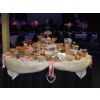 Wedding sweets table - choose your 30 varieties, your table shape, your colours. we present in over 60 silver and crystal dishes and bon bon jars with hearts,doves and lots of sparkle. 5' dia table.
