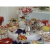 Top tier of a silver service wedding sweets banquet on a 5 foot round table.  Each banquet is customised with your sweets choices and colours