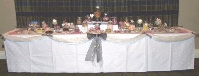 12' long Wedding sweets and candy buffet table for 100 guests with 23 varieties at Menzies Welcome Hotel Stratford-on -Avon