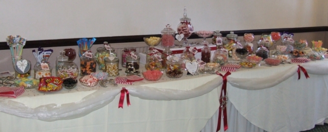 12' long sweet table for 100 wedding guests at Hothorpe Hall