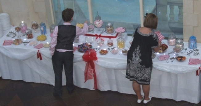 12' long sweets and candy buffet table with 20 varieties for 100 guests at Nailcote Hall Hotel