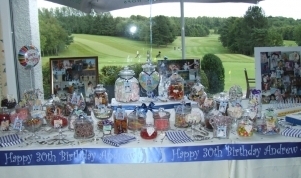 30 varieties party sweets buffet table at Abbeydale Golf Club in Sheffield. Sweet shop candy bar.