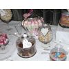Elegant modern and vintage Bon Bon jars and dishes with heart-shaped labels for your wedding candy buffet table.