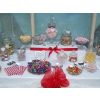 over 35 glass dishes and jars for your wedding or party sweets buffet table. 20 varieties on a 12' long table.
