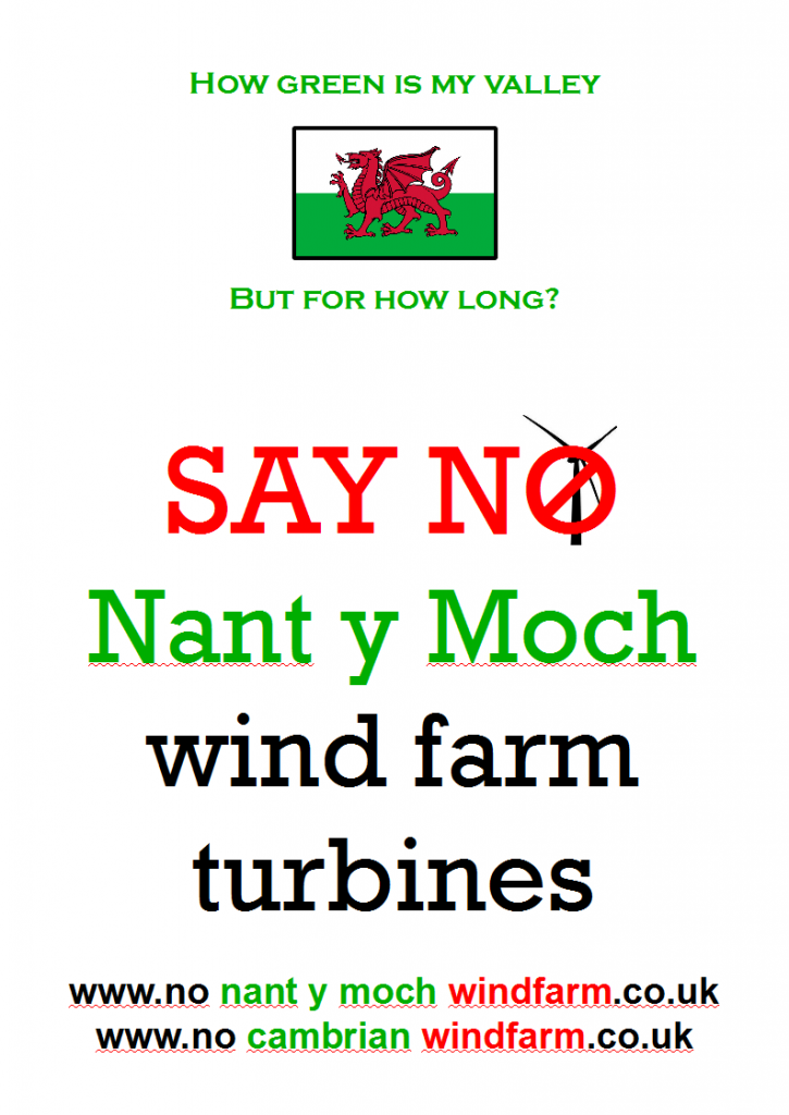 campaign protest say no and object to Nant y Moch wind farm turbines and mid Wales & Shropshire pylons and stop the Abermule and Cefn Coch connection hub