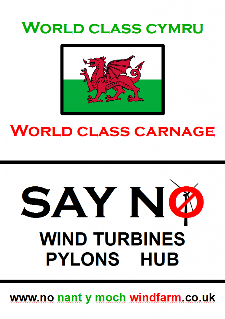 campaign protest say no and object to Nant y Moch wind farm turbines plans and mid Wales & Shropshire pylons and stop the Abermule and Cefn Coch connection hub proposal