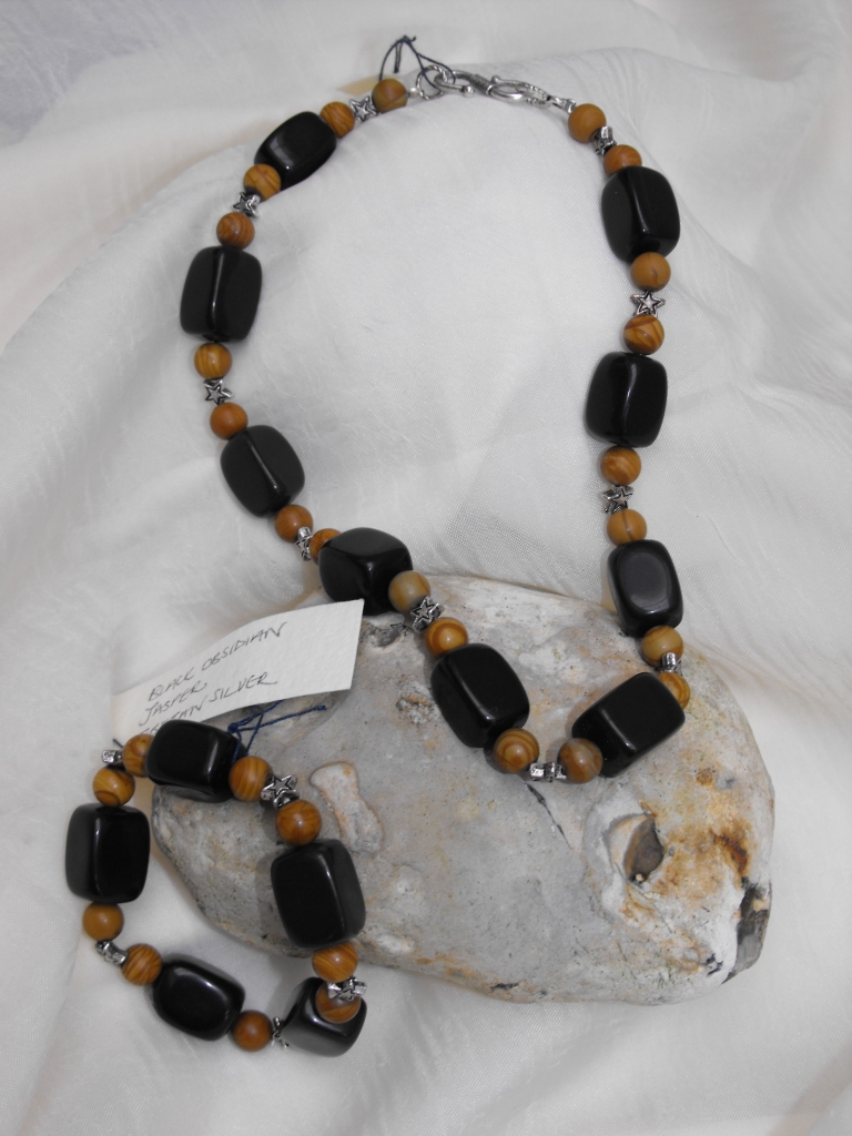  BLACK OBSIDIAN, JASPER AND TIBETIAN SILVER NECKLACE AND BRACELET SET &pound;30